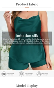 Detail of green imitation silk camisole set showing satin texture and washing instructions