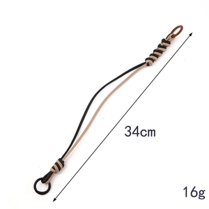 Braided black and brown PU leather hand strap with round hooks, 34cm length and 16g weight