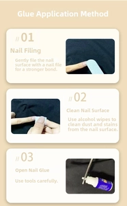 Three-step guide for applying nail glue using file, alcohol pad and adhesive bottle
