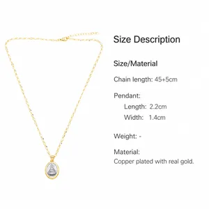 Detail of 18k gold plated Virgin Mary pendant showing 2.2cm size and 45cm chain length