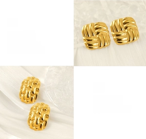 Detail showing 18k gold plated geometric woven textures and polished finish on earrings