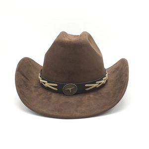 Macro detail of brown suede cowboy hat with braided leather band and bull metal stud