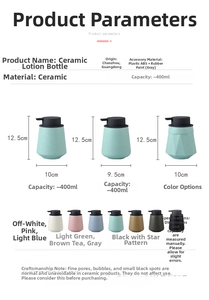Detailed size chart and multi-color options for the 400ml ceramic lotion bottle dispenser