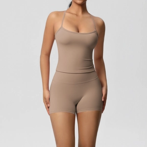 Detail of mocha racerback sports tank top featuring high-stretch brushed fabric texture