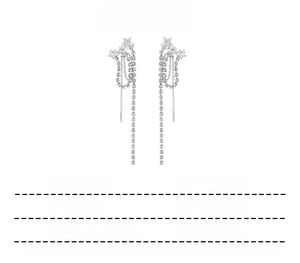 Détail de boucles d'oreilles étoile argentées avec strass blancs et longues chaînes
