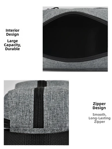 Detail view of smooth black zipper and spacious interior of grey oxford storage bag