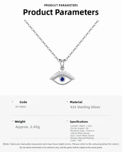 Macro detail of S925 sterling silver evil eye pendant necklace with blue zircon stones