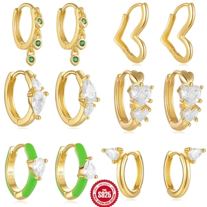 Huggie Hoop Earrings With 925 Sterling Silver Earring Post Zircon Heart Pear Water Drop Enamel Gold Plated For Women