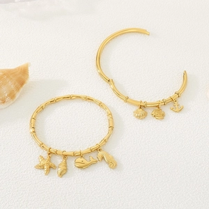 Marine theme 18K gold plated stainless steel bangles with starfish and shell charms