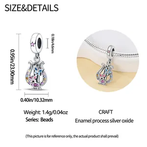 Detailed dimensions of silver guitar charm showing height, width, and hole diameter
