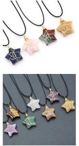 Collection of wire wrapped 30mm star-shaped natural crystal stone pendants with cords