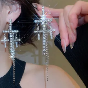 Cross Tassel Dangle Earrings Rhinestone Copper With Silver Earring Post Long Drop Sparkly Fashion Women