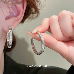 Geometric Round Hoop Earrings Copper With Pavé Zircon And Silver Earring Post For Women Simple Fashion
