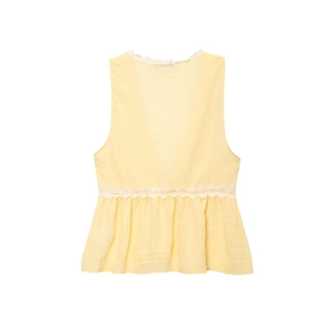 Women's pale yellow sleeveless top with textured fabric and delicate lace trim accents