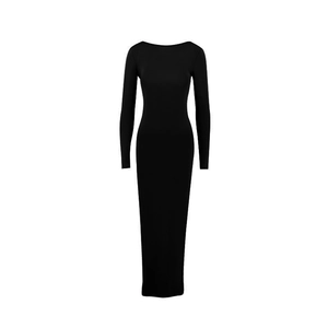 Close-up of a slim fit black long sleeve maxi dress featuring a classic round neckline