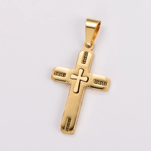 Macro detail of gold-plated double-layer cross pendant with Greek key pattern