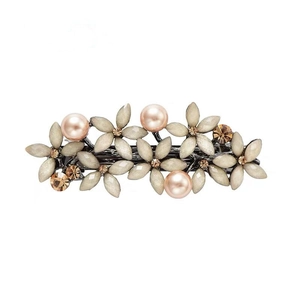 Elegant flower hair clip with beige matte petals, pink pearls and sparkling rhinestones