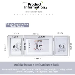 Detailed dimensions of a white Nordic triple folding photo frame with wood grain texture