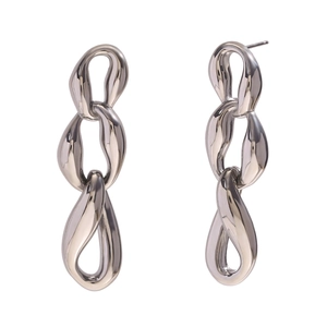 Minimalist silver triple interlocking chain link stud earrings on white background