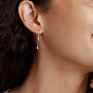 Close-up of elegant s925 silver long tassel earrings with delicate white pearls on model
