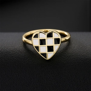 Vintage Heart Adjustable Open Ring 18K Gold Plated Copper Black White Checkerboard Enamel Jewelry For Women
