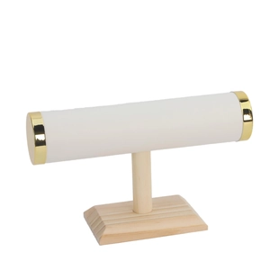 Detail of T-bar jewelry display stand with beige velvet roll and wooden base