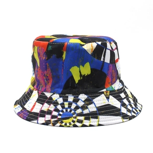 Detailed close-up of colorful graffiti print on the cotton bucket hat brim