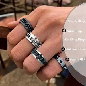 Mens stainless steel anxiety spinner ring set with black chain and punk style details
