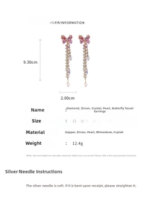 Detailed view of long crystal butterfly tassel earrings showing 9.3cm length measurement