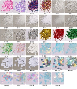 Macro shot of 35 vibrant Christmas glitter shapes for nail art and craft decorations
