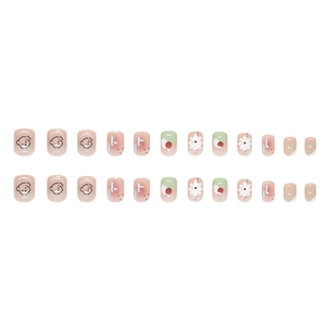 Short round nude pink press-on nails with cute puppy and white flower patterns