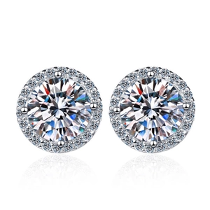 Classic S925 sterling silver halo stud earrings featuring round-cut moissanite stones