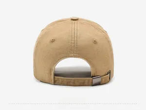 Detail view of khaki baseball cap with adjustable dark metal buckle and cotton strap