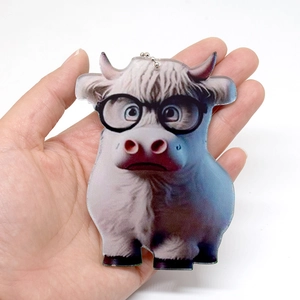 Cartoon highland cow acrylic pendant with glasses and bead chain for DIY keychains