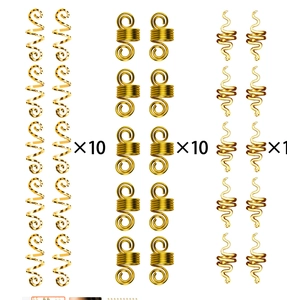 Detailed set of 30 gold metal hair rings with spiral, spring, and snake hair clip charms