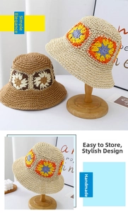 Detailed close-up of retro crochet floral patterns on two handmade woven straw bucket hats