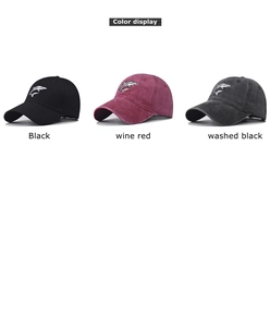 Color options of washed cotton baseball caps with shark embroidery in black and wine red