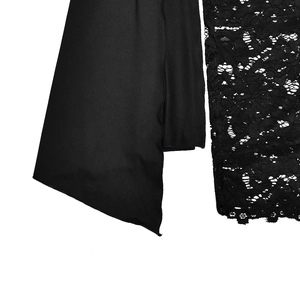 Detail shot of black hollow floral lace stitching and smooth slim-fit fabric texture
