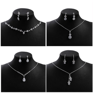 Zircon Flower Wedding Necklace And Earrings Set Rhinestone Water Drop Tassel Bridal Evening Jewelry Copper Silver Color