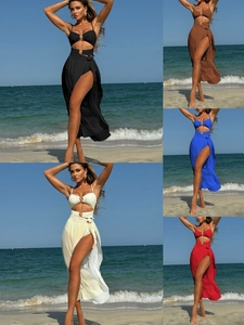 Dames Bikini En Mesh Lange Rok Strandkleding Hollow Out Metalen Gesp Vakantie Effen Kleur Elegante Badmode