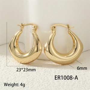 Detail view of 23x23mm gold chunky hoop earrings with 6mm thickness and textured finish