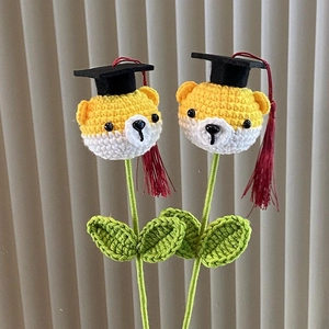 Detail of two handmade crochet Shiba Inu flowers with graduation caps and red tassels