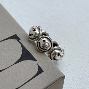 Minimalist S925 sterling silver ring with vintage smiley face cutouts and retro finish