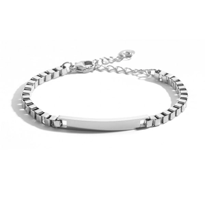 Macro shot of silver stainless steel ID bracelet with polished rectangle metal plate