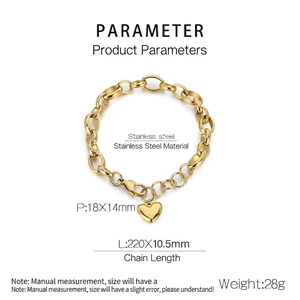 Detail of 18K gold-plated chunky oval chain bracelet with a heart pendant and lobster clasp