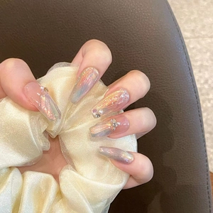 Iridescent mermaid handmade press-on nails with pearls in long trapezoid shape
