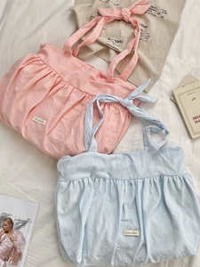 French retro pleated canvas tote bag with bow shoulder straps in pink and light blue