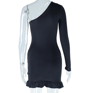 Detail of black one-shoulder mini dress with long sleeve and ruffled hem on mannequin
