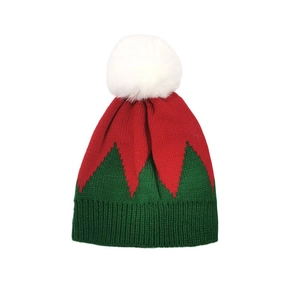Christmas knitted beanie with white pom-pom in red and green festive colors