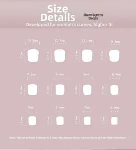 Size chart showing 12 dimensions for short square press-on nails in white finish